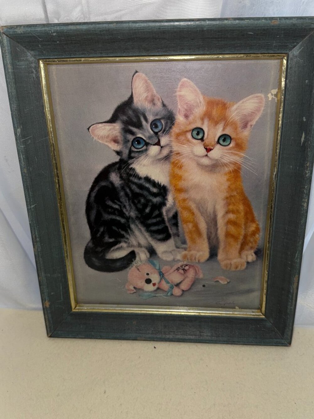 Vintage 1960s Litho CATS By Girard 2 Kittens and a Pink Teddy Framed 8 x 10
